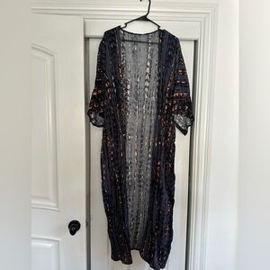 Tie Dye Orange, Black, Grey Long Belted Kimono